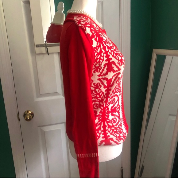 Red and cream scroll design cardigan small - Picture 3 of 6